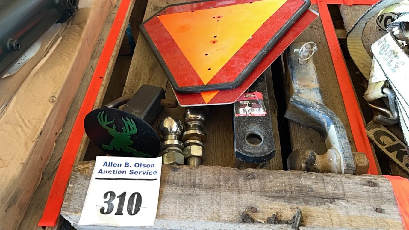 ASSORT TRUCK HITCHES, BALLS & SLOW MOVING SINGS