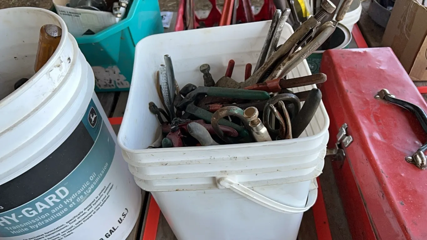 PAIL OF ASSORT PLIERS, VISE GRIPS, TIN SNIPS & MORE