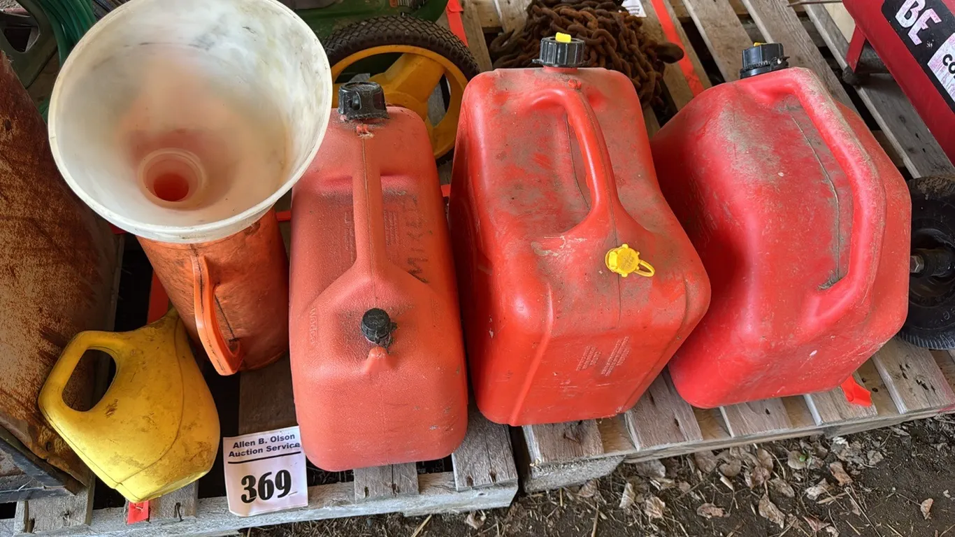 3 - JERRY CANS, 2 -OIL JUGS & FUNNEL