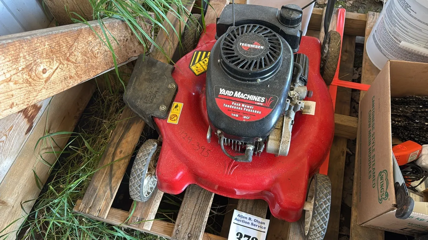 YARD MACHINES 20" PUSH LAWN MOWER & PARTIAL JUG OF FOXXY HERBICIDE - MAY HAVE BEEN FROZE