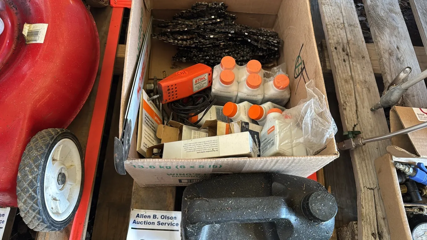 ASSORT CHAINSAW CHAINS, BAR, 12V SHARPENING TOOL & 2 STROKE OIL