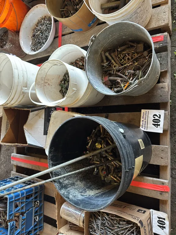 5 - CONTAINERS OF ASSORT NUTS, BOLTS, WASHERS, SOME NEW & SOME USED