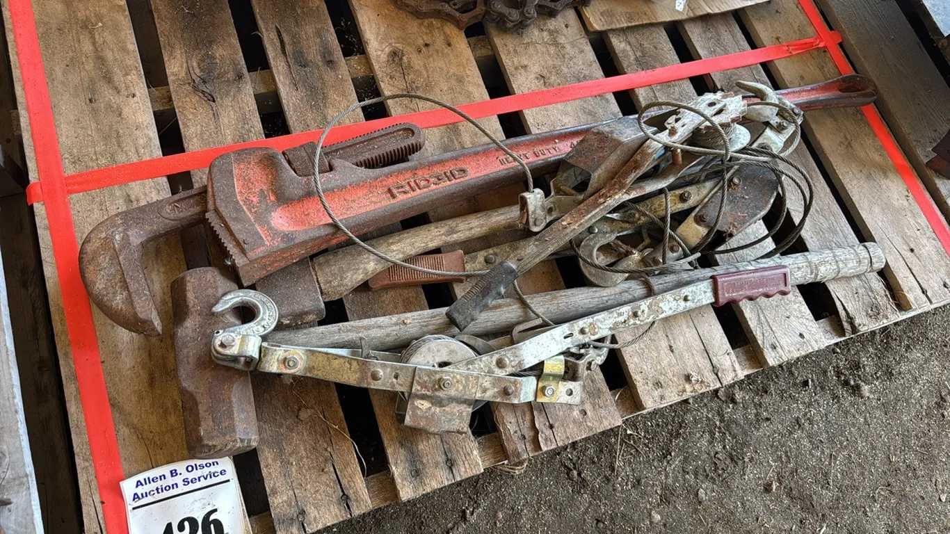 RIGID 48" PIPE WRENCH, SLEDGE HAMMER, AXE & CABLE COME-ALONG