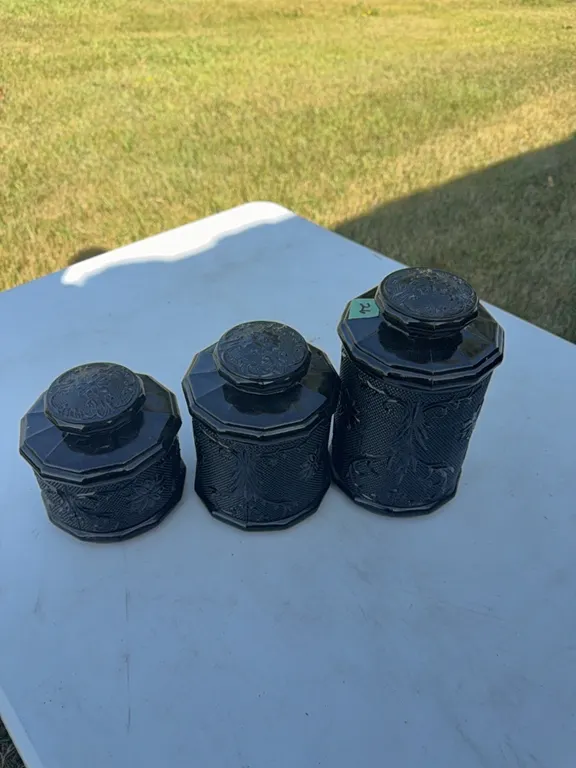 3 piece black Amethyst glass canister set - vintage