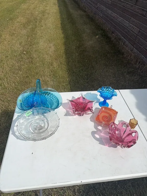 Large blue brides basket & other dishes