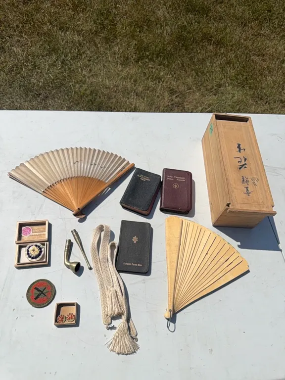 Japan wood box with fans, bibles, patch, pins