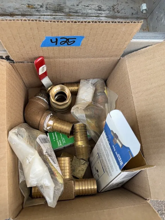 Copper fittings, box of 1” Hydrant tees, ball valve, elbows, etc.