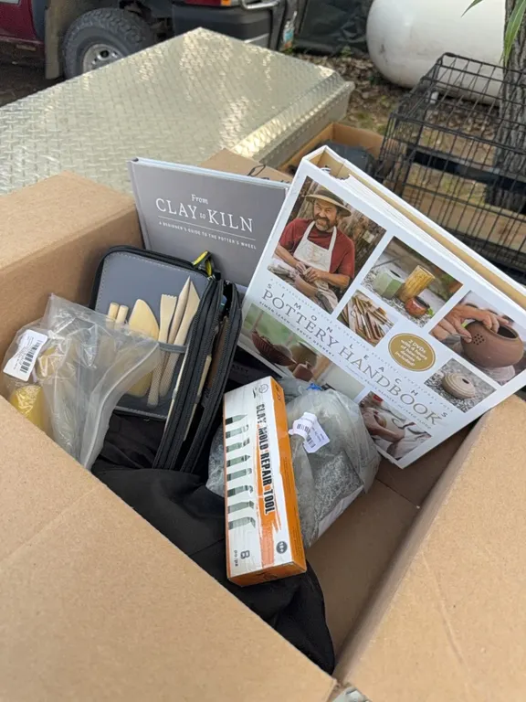 Pottery-start up kit, includes spendy knives, tools, books, clay, etc. see photos
