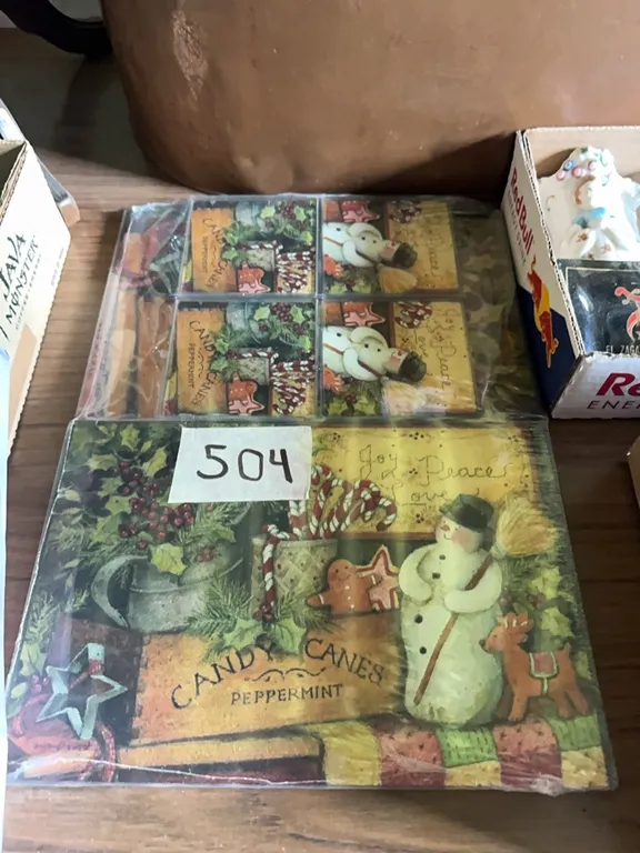 happy holidays collection, six piece set – four coasters, and two cutting boards new
