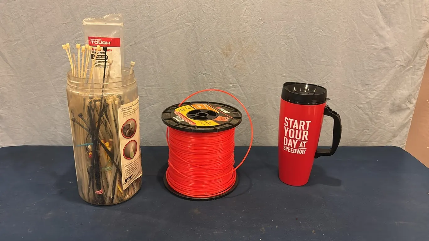 Mug, trimmer string, zip ties