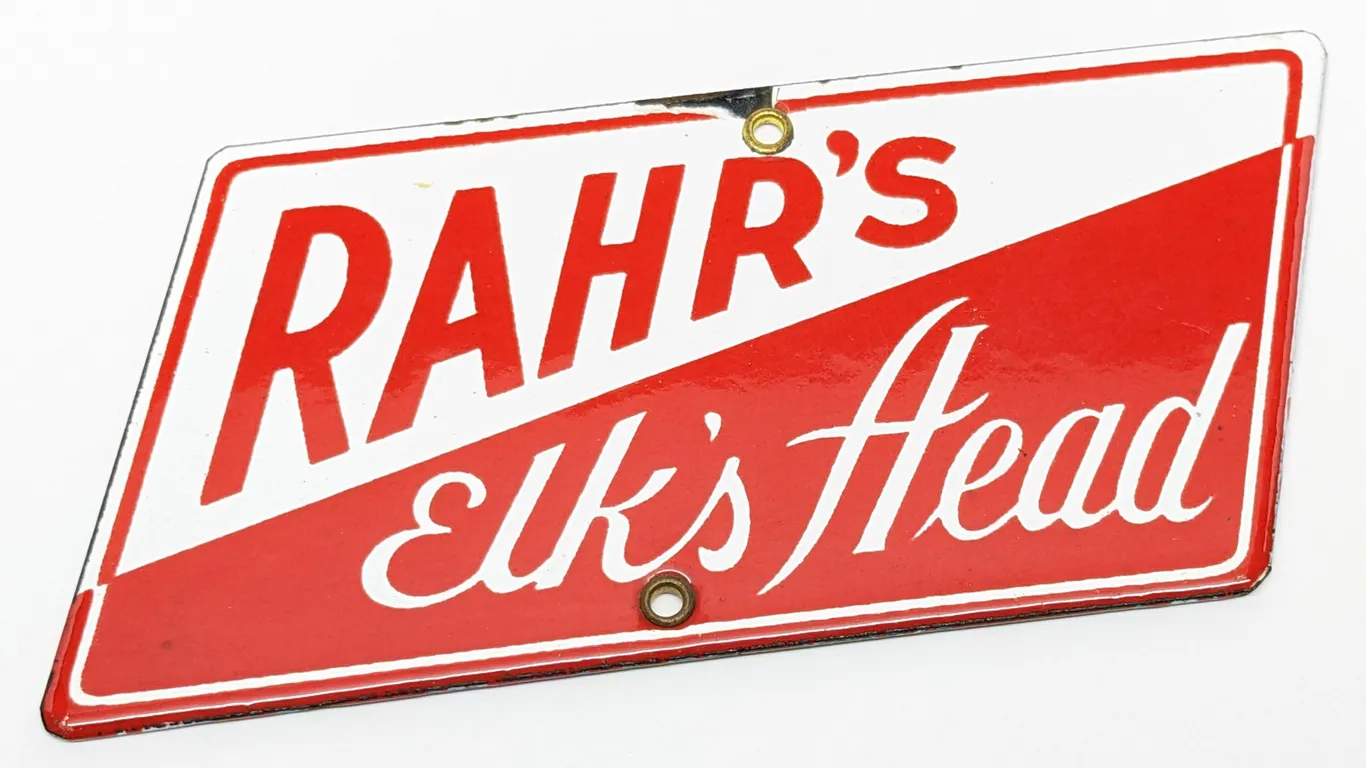 PORCELAIN TAP MARKER SIGN RAHR'S ELK'S HEAD BEER OSHKOSH WISCONSIN