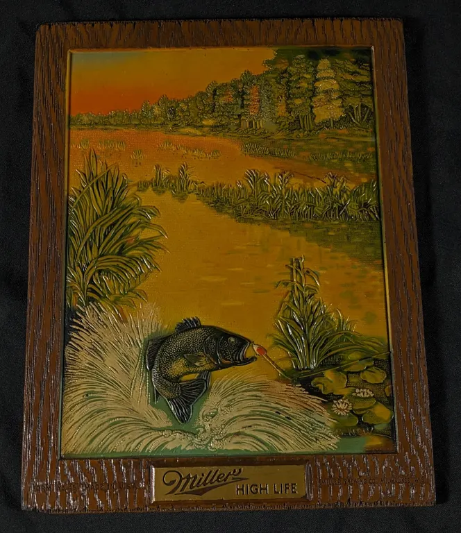 PRESSED FIBRE SIGN BASS FISHING MILLER HIGH LIFE BEER MILWAUKEE WISCONSIN