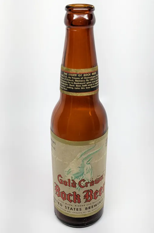 IRTP 12 OZ PAPER LABEL BOTTLE GOLD CROWN BOCK BEER UNITED STATES BREWING CHICAGO ILLINOIS