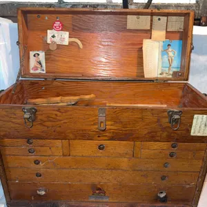 Vintage wooden tool box contents included