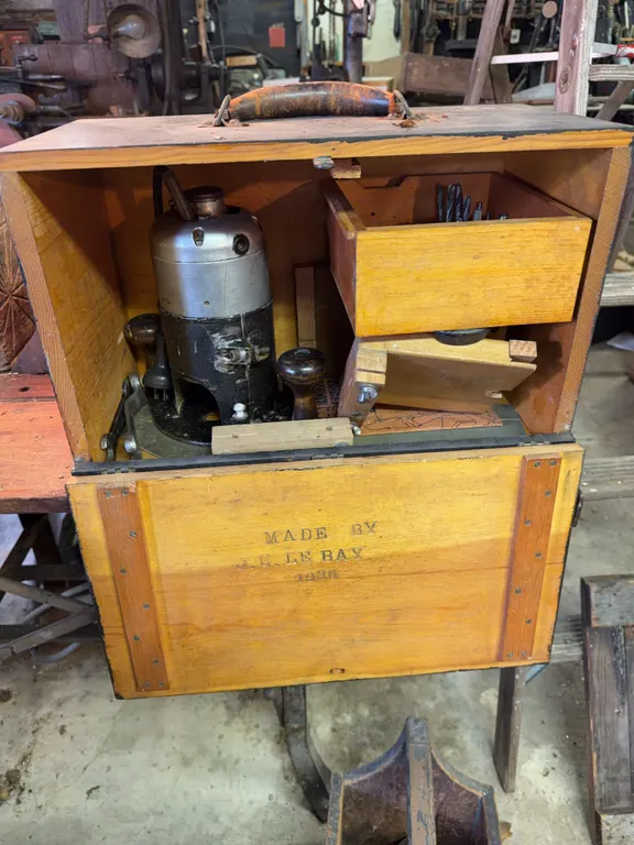 Vintage wooden box with vintage router 