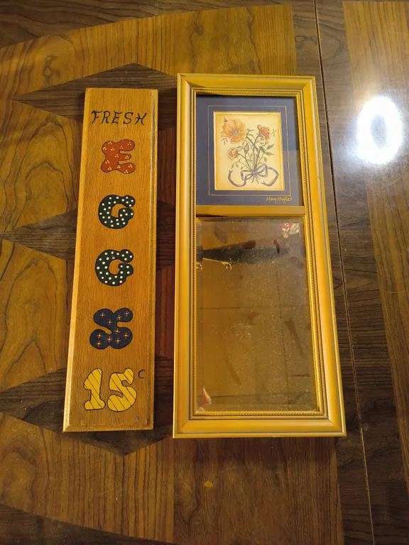 Vintage Mary Hughes Framed Floral Print/Mirror Wall & Vintage Fresh Eggs Sign