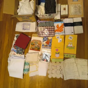 Vintage Linens & Fabrics Lot: Kitchen Towels, Handkerchiefs, Crochet Lace Doilies & More