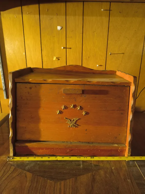 Vintage Large Wooden Bread Box with Metal Eagle and Stars