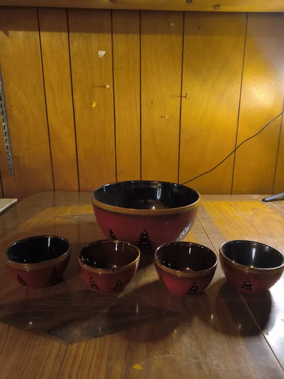 Woodland Home Studio Serving Bowl & Small Bowls Stoneware Glazed Inlaid Trees Lot