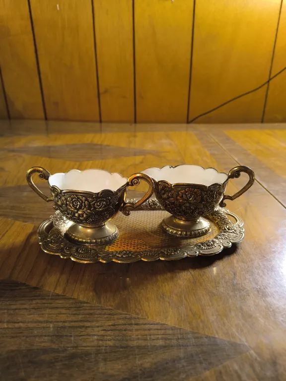 Vintage Silver Plated White Enamel Embossed Floral Creamer Sugar Tray Set Made In Japan