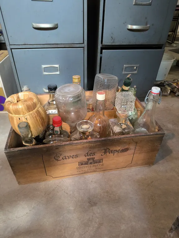 Assorted Vintage Glass Bottles, Decanters & Fiasco Bottle In French Wine Crate Lot