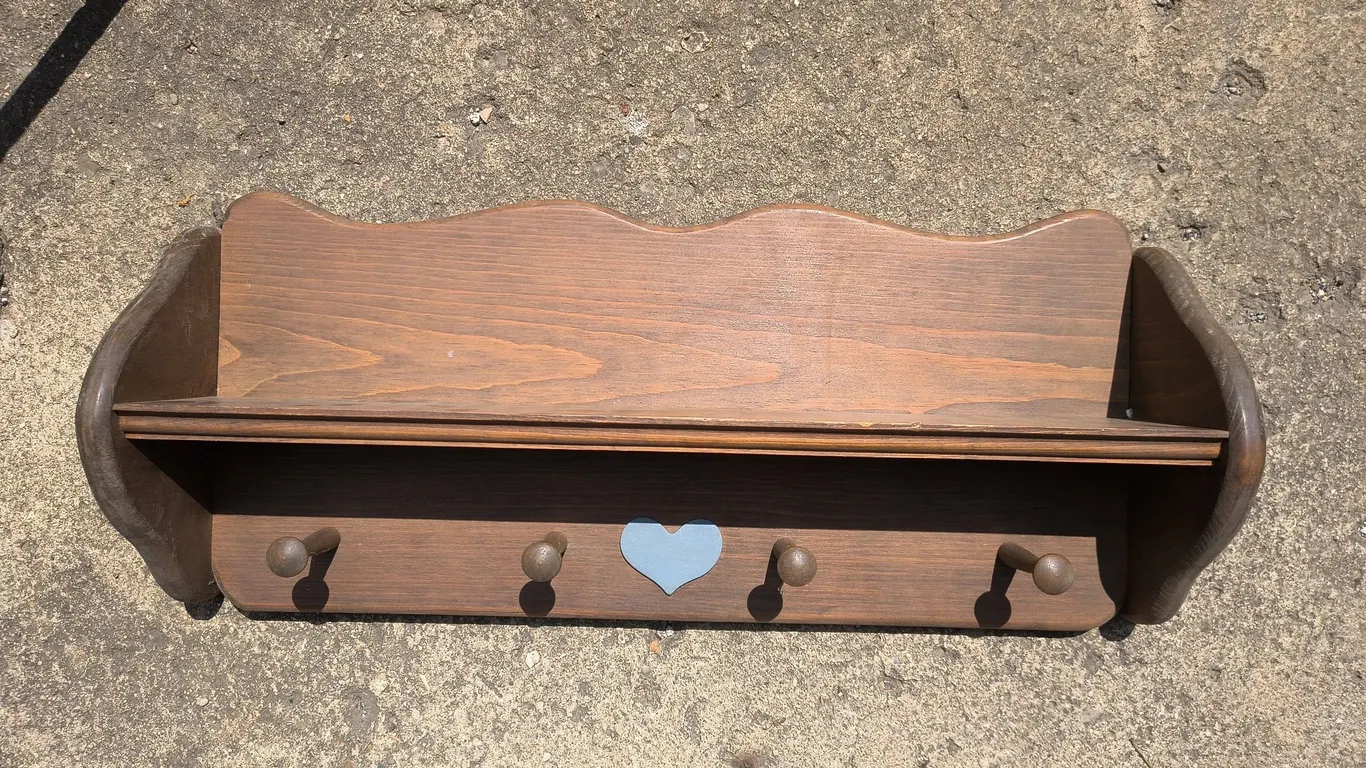 Vintage Wooden Wall Shelf With Peg Hooks