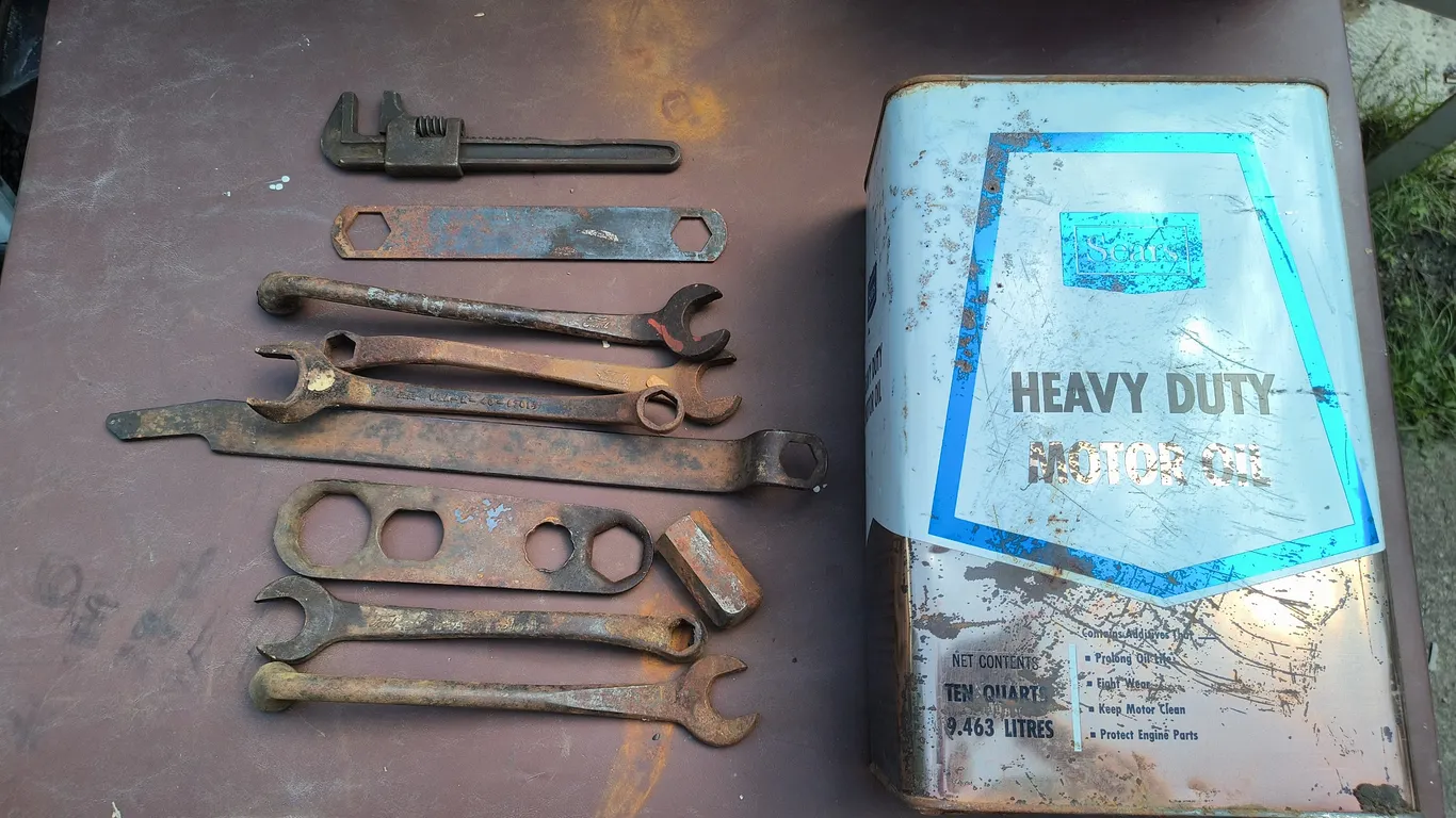 1920's Original Ford Model A & T Wrenches & Vintage Sears Canister Lot