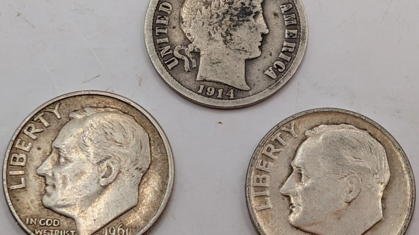 US Silver Dime 3-Coin Group - 1914 Barber & (2) Roosevelt (1952, 1961-D) - Circulated