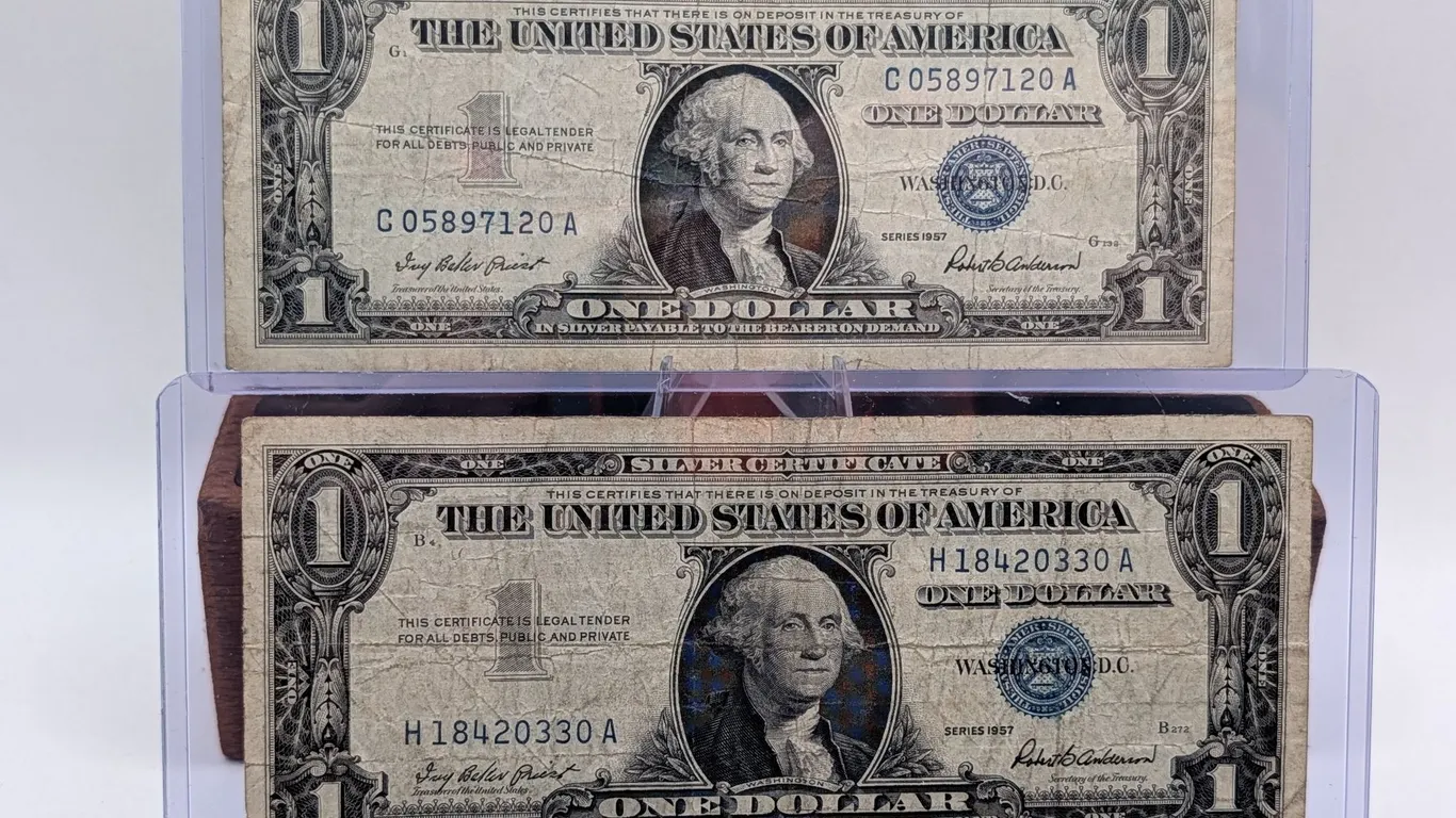 $1 Silver Certificate Lot – Series 1957 Blue Seals – Circulated Matching Design Duo – In Protective