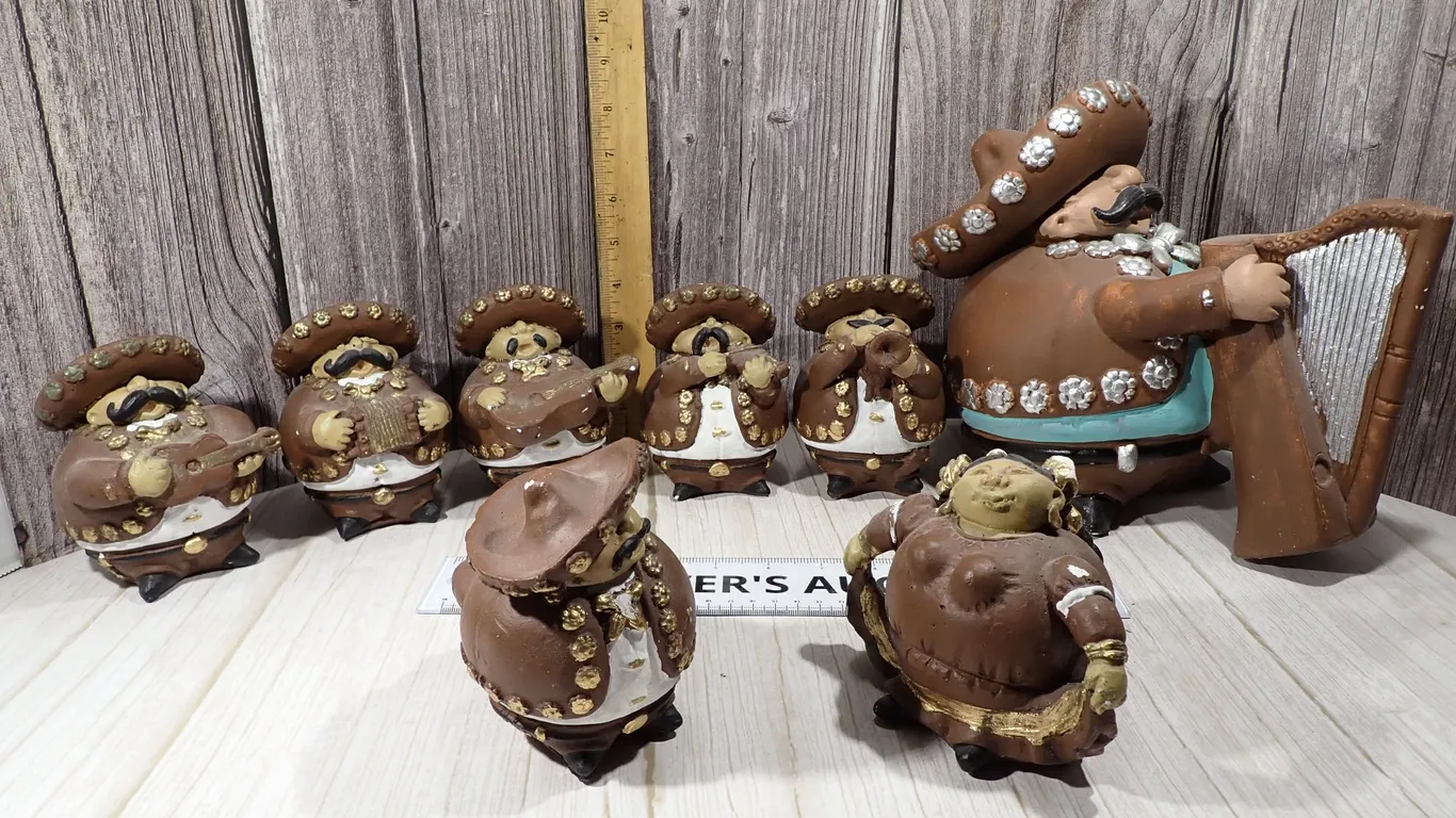 Vintage Mexican Tonala Style Terracotta Mariachi Band Folk Art Figures - 12 Piece Lot