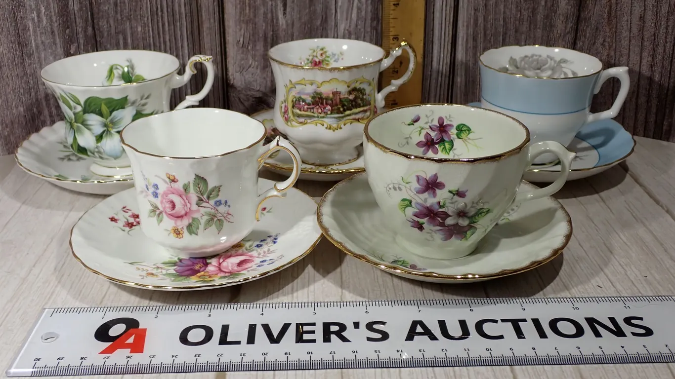 Assorted English Bone China Teacup and Saucer Sets - 5 Complete Duos