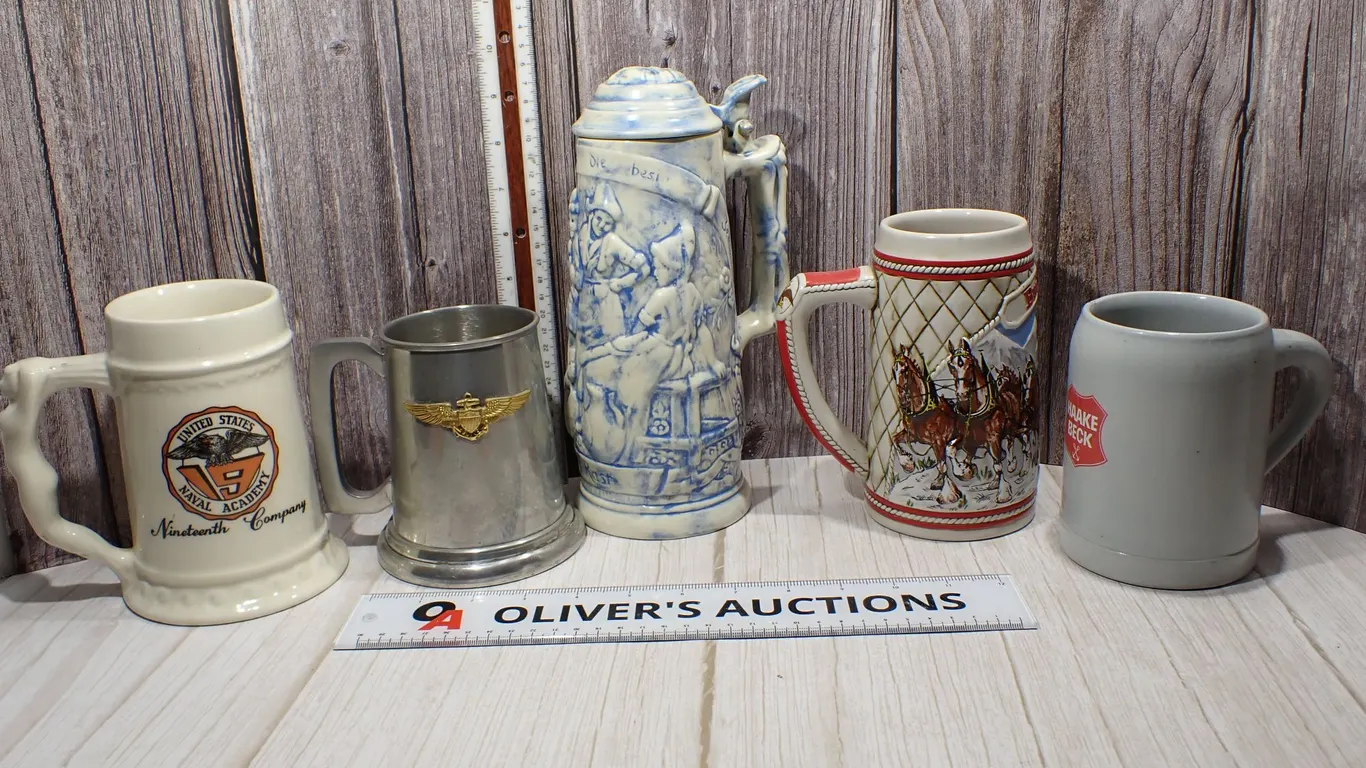 Vintage Brewery Steins, US Naval Academy Mug & Pewter Tankard - 5 Pc Lot