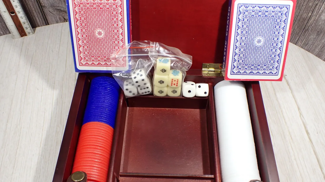 Vintage Wooden Poker and Game Set in Monogrammed Storage Case - 5 Piece Set