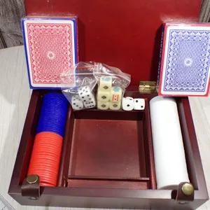 Vintage Wooden Poker and Game Set in Monogrammed Storage Case - 5 Piece Set