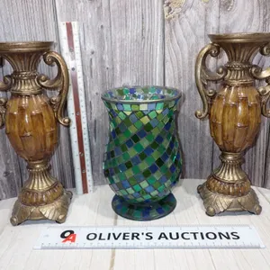 Kohl's St. Nicholas Square Mosaic Hurricane & Ornate Candle Holders - 3 Pc Lot