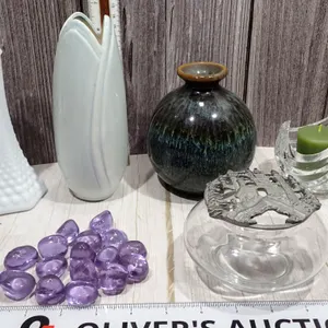 Assorted Art Glass Vases, Candle Holders & Purple Gems - 5 Piece Lot