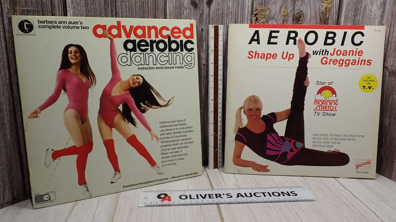 Vintage 1980s Aerobic Workout Vinyl LP Records with Instruction Books - 2 Album Lot