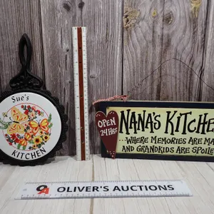 Vintage Nana's Kitchen Wooden Sign & Custom Cast Iron Trivet Plaque - 2 Piece Lot