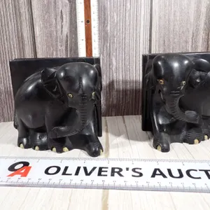 Vintage Hand-Carved Ebony Wood Elephant Bookends - Pair