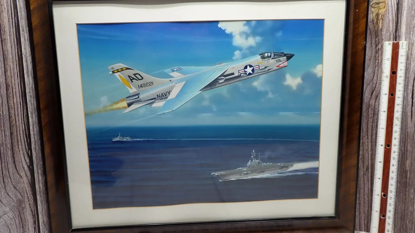 Vintage Vietnam-Era USN F-8 Crusader Silk Painting, Fuji Portraits Studio Japan