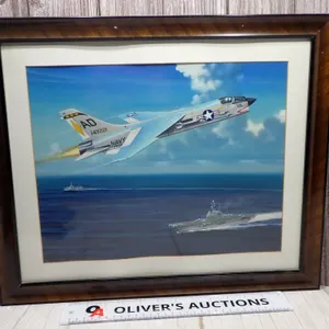 Vintage Vietnam-Era USN F-8 Crusader Silk Painting, Fuji Portraits Studio Japan