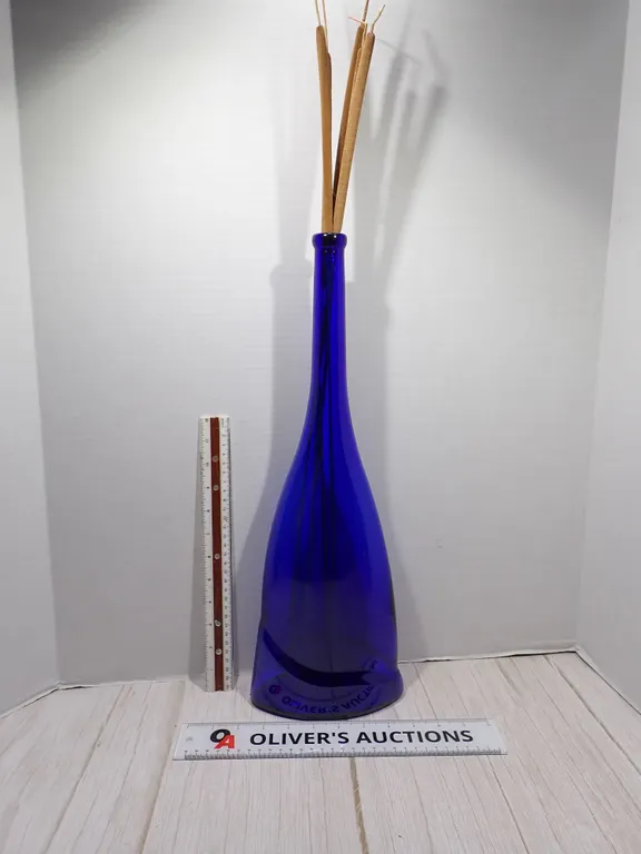 Vintage Mid-Century Modern Cobalt Blue Blown Glass Flattened Floor Vase