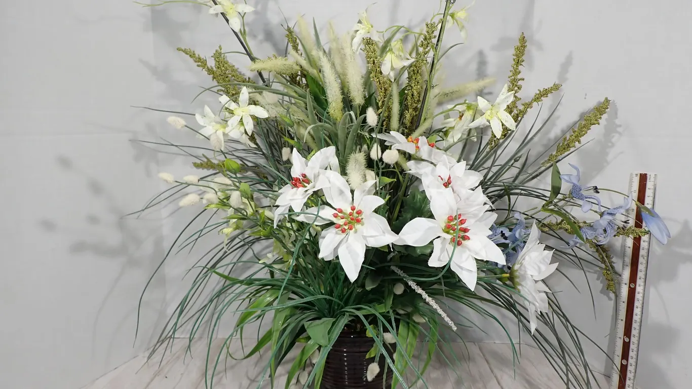 Large Decorative Artificial Lily and Grass Floral Arrangement in Glazed Ceramic Pot