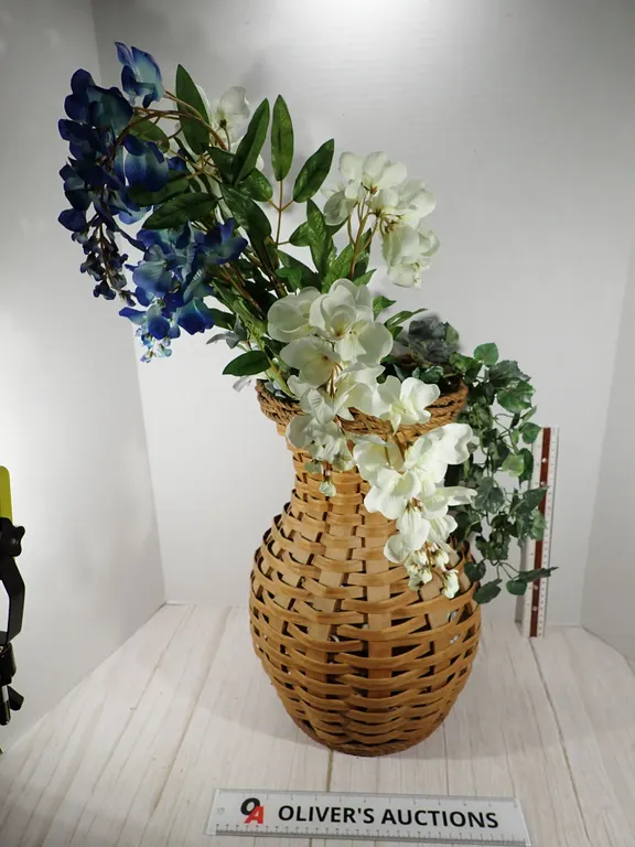 Large Artificial Cascading Wisteria and Ivy Floral Arrangement in Woven Basket Floor Vase