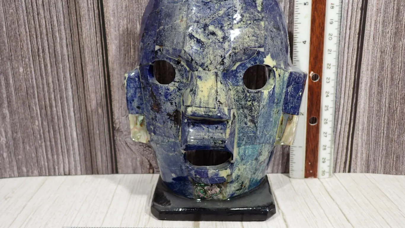 Mexican Mesoamerican Style Carved Blue Sodalite and Inlaid Abalone Shell Mosaic Mask