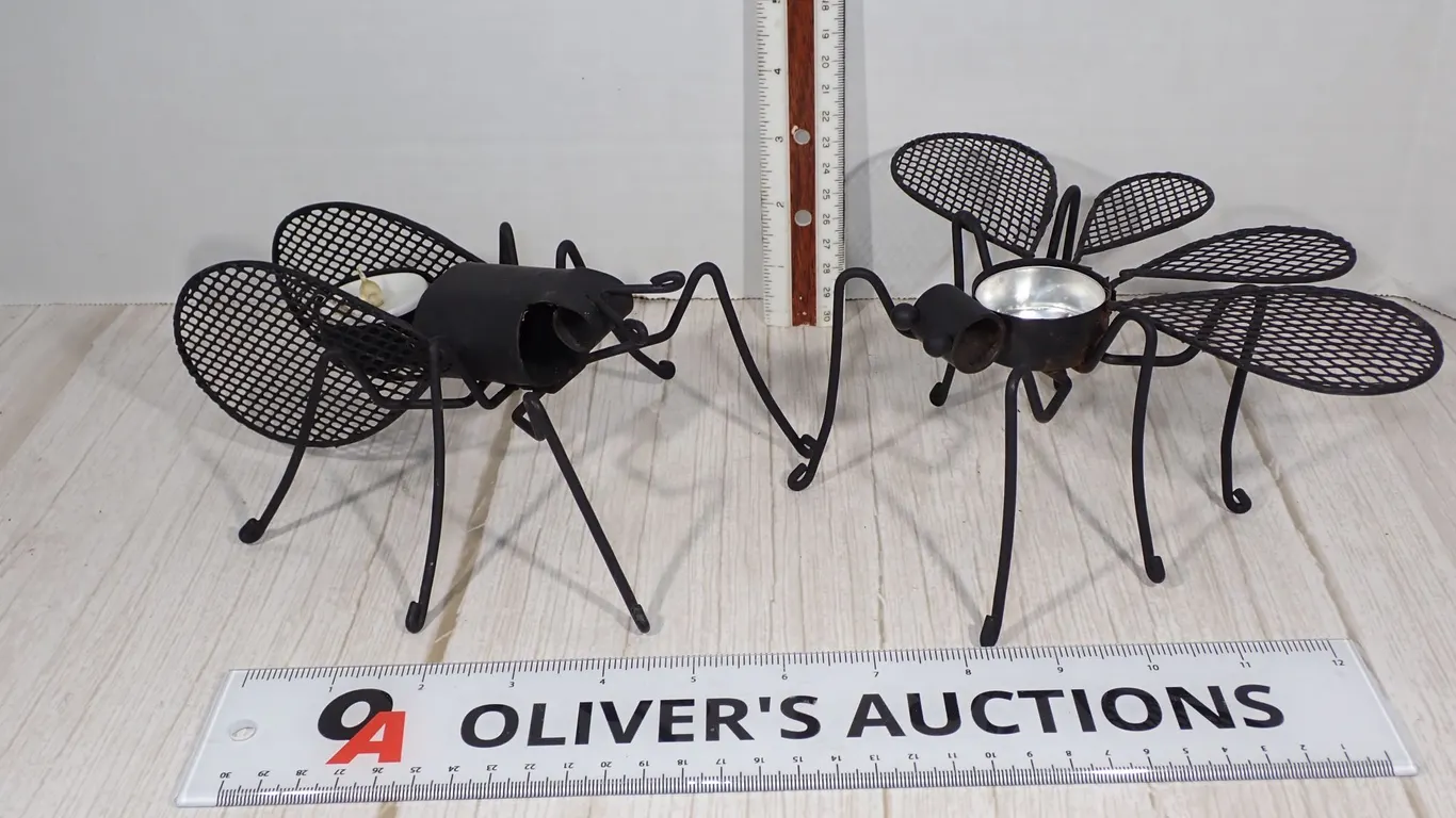 Whimsical Black Wrought Iron Insect Tealight Candle Holders - 2-Piece Set