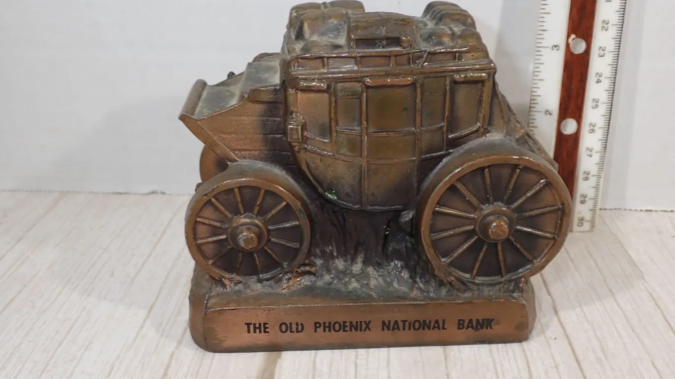 Vintage 1974 Banthrico Inc. Stagecoach Die-Cast Metal Promotional Coin Bank