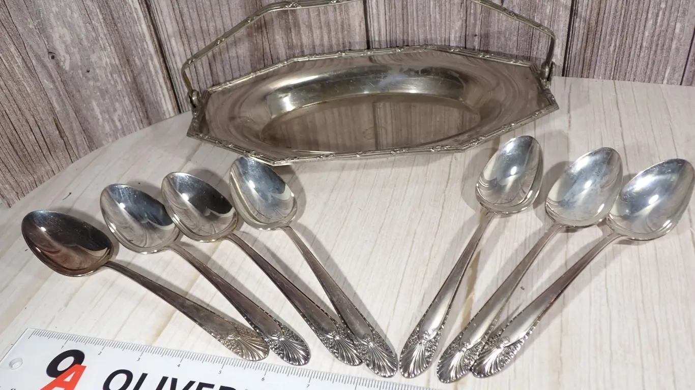 Antique Sheffield Plate Bride's Basket & Crown Silverplate Spoon Collection - 8-Piece Lot