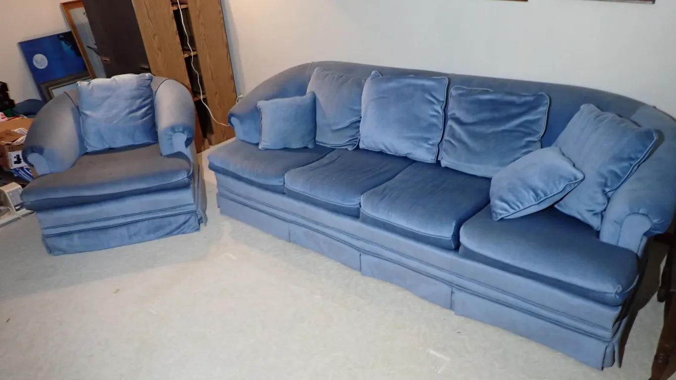 Vintage Sawyers Slate Blue Velvet Sofa and Matching Armchair Living Room Set