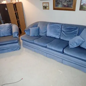 Vintage Sawyers Slate Blue Velvet Sofa and Matching Armchair Living Room Set